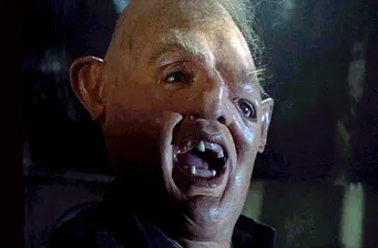 Close-up of The Goonies character Sloth making a goofy face