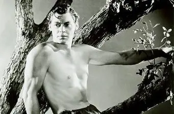 shirtless man posed on tree branch as Tarzan character