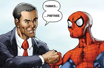 Cartoon of Barack Obama fist bumping Spider-Man saying thanks partner