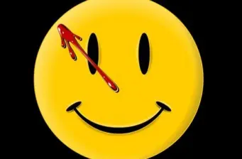 Yellow smiley face logo with a blood splatter on forehead