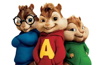 Three animated chipmunks in hoodies, one wearing glasses, posing confidently