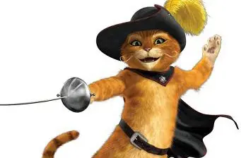 Animated Puss in Boots character with sword and cape preparing to fight