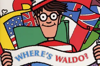 Illustration of Waldo holding 'Where's Waldo?' sign