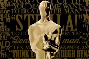 Close-up of golden Oscar statuette with black and gold text background