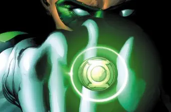 Green Lantern emblem glowing from character's hand in close-up