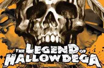 Poster with skull, two men in hats, and The Legend of Hallowdega title
