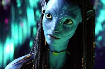 Close-up of a blue Na'vi woman character from Avatar movie