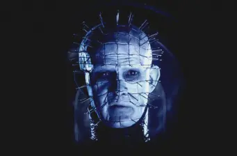 Close-up of Pinhead character with nails in head from Hellraiser