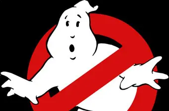 Classic Ghostbusters ghost logo inside a red no symbol on black background