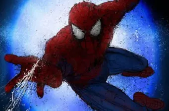 Spider-Man in costume reaches forward shooting web with blue background