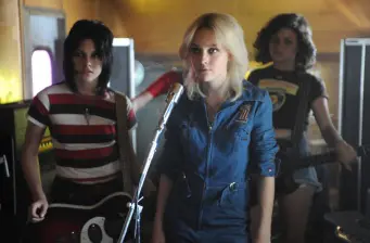 Kristen Stewart and Dakota Fanning performing in a band scene