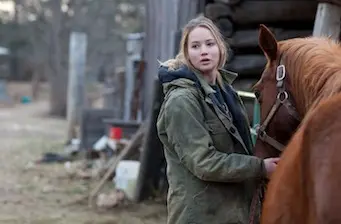 Woman in green jacket holding brown horse reins outside