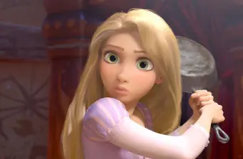 Animated Rapunzel holding frying pan, looking surprised