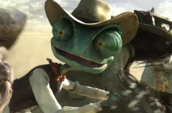 Rango the chameleon wearing cowboy hat in desert scene