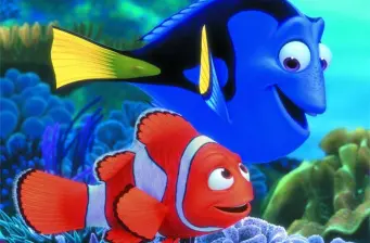 Animated fish Dory and Marlin swimming in ocean scene
