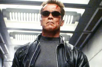 The Terminator in sunglasses and leather jacket with blood on face