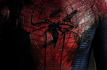 Close-up of The Amazing Spider-Man costume with spider emblem