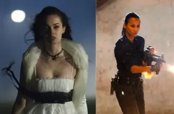 Zoe Saldaña in white dress and Megan Fox aiming a gun in black gear