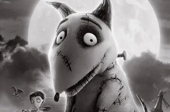 Stitched dog character from Tim Burton's Frankenweenie with full moon