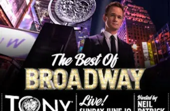 Tony Awards 2012 poster with man in suit and Times Square background