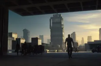 silhouetted person walking toward futuristic city with tall buildings at sunset