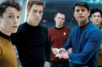 Five Starfleet officers in a tense Star Trek 2 movie scene