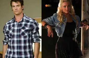 man in plaid shirt and woman in black dress with denim jacket