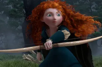 Merida with bow drawn aiming an arrow in dark forest