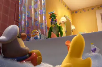 toys party in bathtub scene from Pixar short Partysaurus Rex