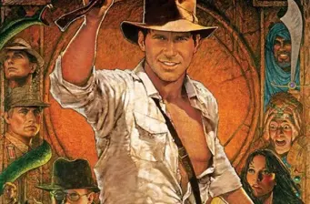 Indiana Jones in hat and whip on stylized poster art