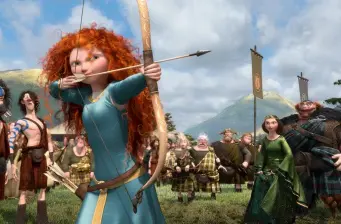 Merida in green dress aiming bow with crowd behind