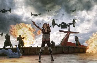 Woman firing gun with explosions and drones around in action scene