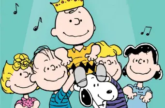 Charlie Brown and Peanuts gang with Snoopy under musical notes