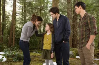 Four Twilight characters interact in forest, young girl and three adults