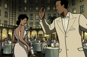 man and woman dance in animated jazz club courtyard scene