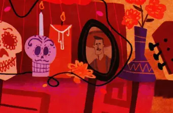 animated Día de los Muertos altar with skull candle and framed photo