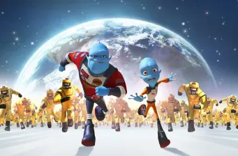 Two blue aliens running with yellow robot soldiers on moon surface