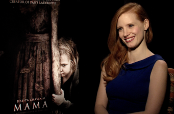 Jessica Chastain in blue dress beside Mama horror movie poster