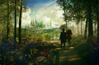 two people walk forest path toward glowing emerald city in distance
