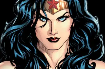 Comic book close-up of Wonder Woman with dark hair and tiara