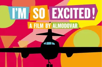 I'm So Excited movie poster with airplane silhouette and colorful text
