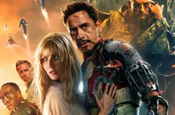 Iron Man 3 movie poster with main characters and action scenes