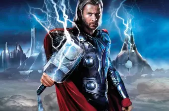Thor in armor holding hammer with lightning in background