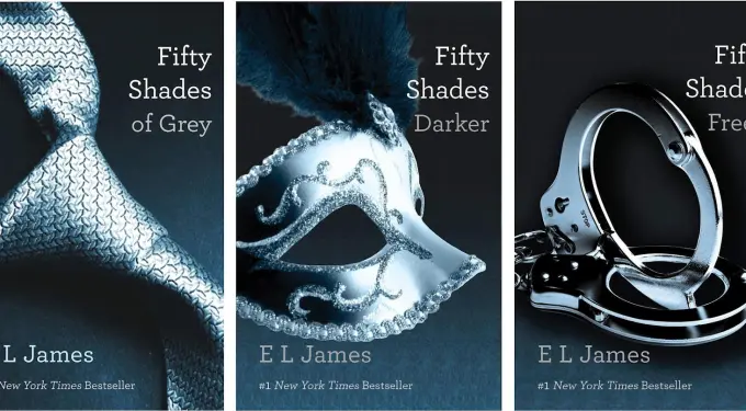 Three Fifty Shades of Grey book covers featuring a tie, mask, and handcuffs