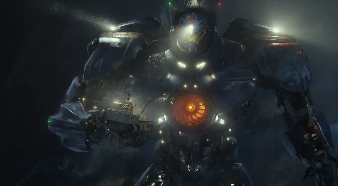 Jaeger robot holding a ship amid rain and darkness, lights illuminating