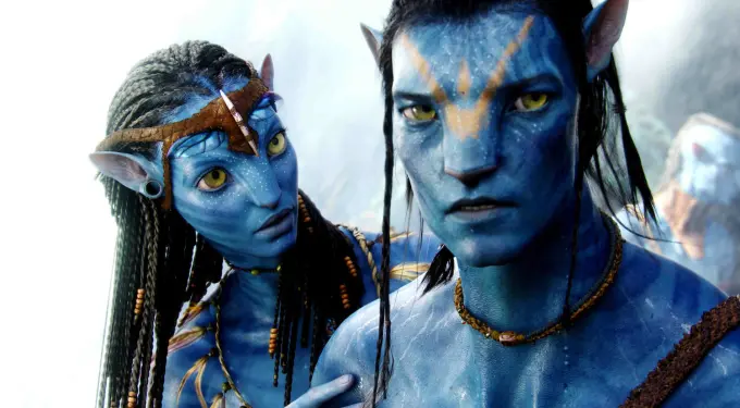 Two blue Na’vi characters in a close-up from Avatar movie