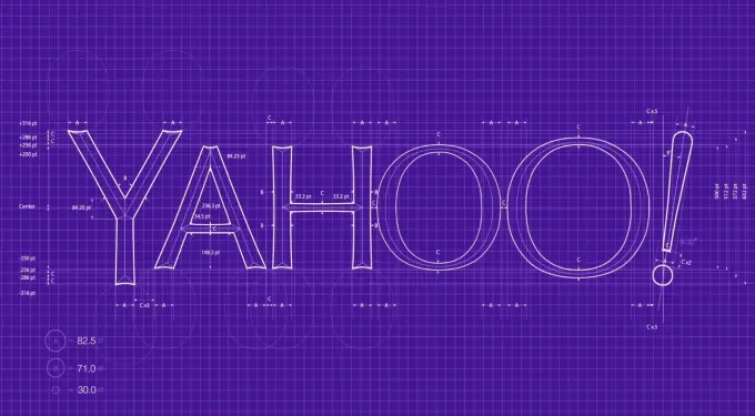 Blueprint schematic for Yahoo! logo with measurements on purple grid