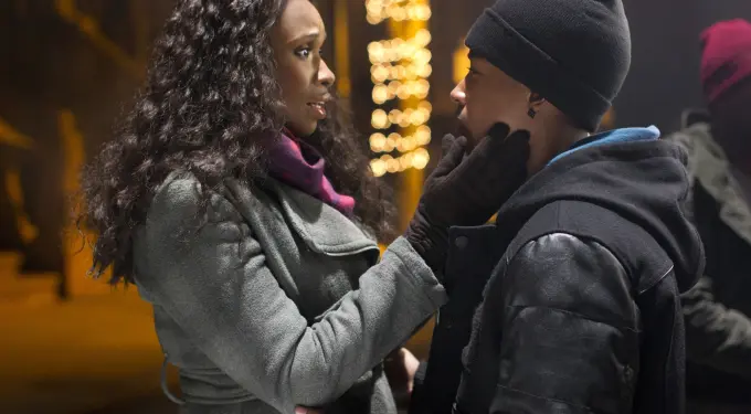 Jennifer Hudson holds Jacob Latimore's face in emotional nighttime scene