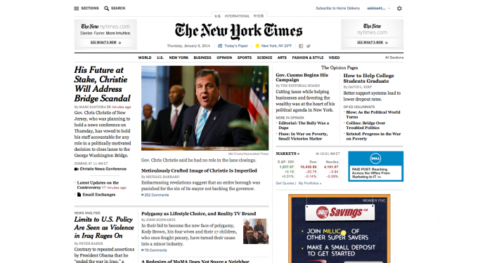 Screenshot of NYTimes homepage with photo of Gov. Chris Christie speaking
