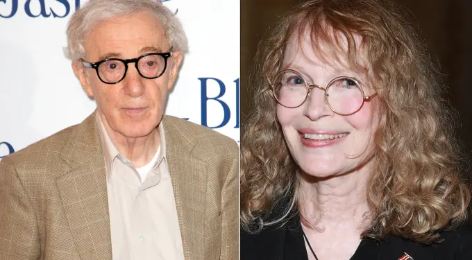 Headshots of Woody Allen and Mia Farrow wearing glasses